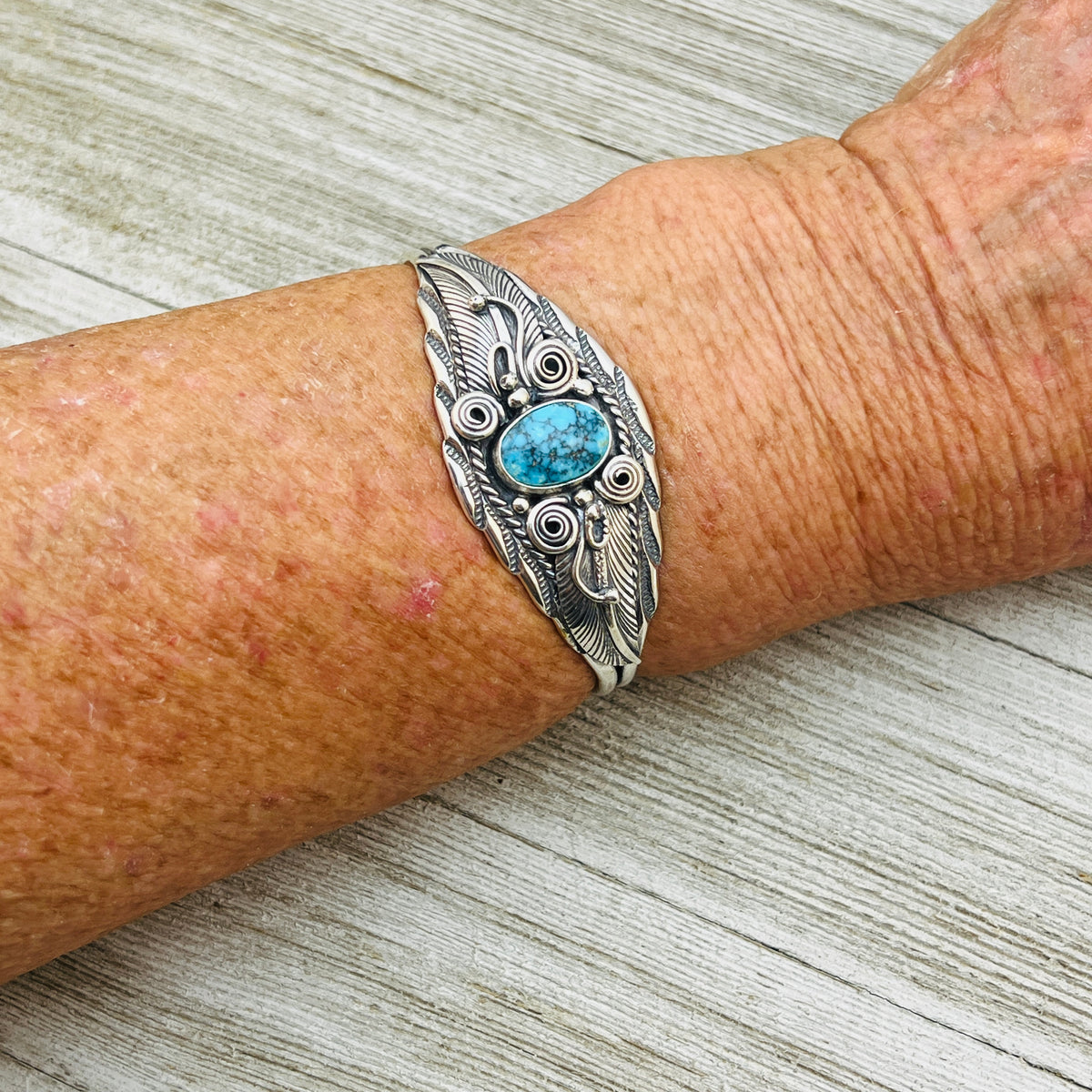 6 1/8" Stamped Navajo sterling silver Turquoise cuff bracelet Darrell Morgan BR71
