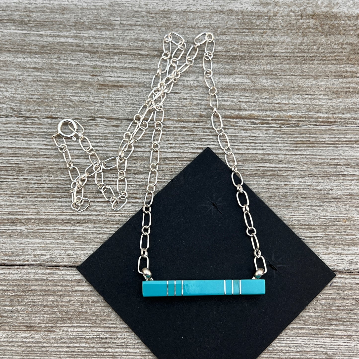 Blue Kingman Turquoise Bar Necklace 2, Zuni MaDerral Kallestewa sterling silver 18 1/2"