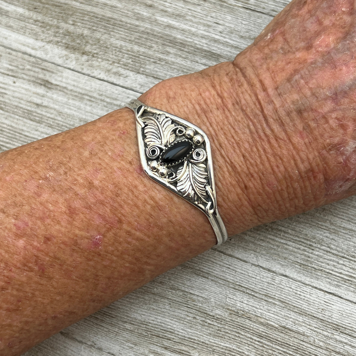 6 1/2" Stamped Navajo sterling silver Black Onyx cuff bracelet Harry Yazzie BR64