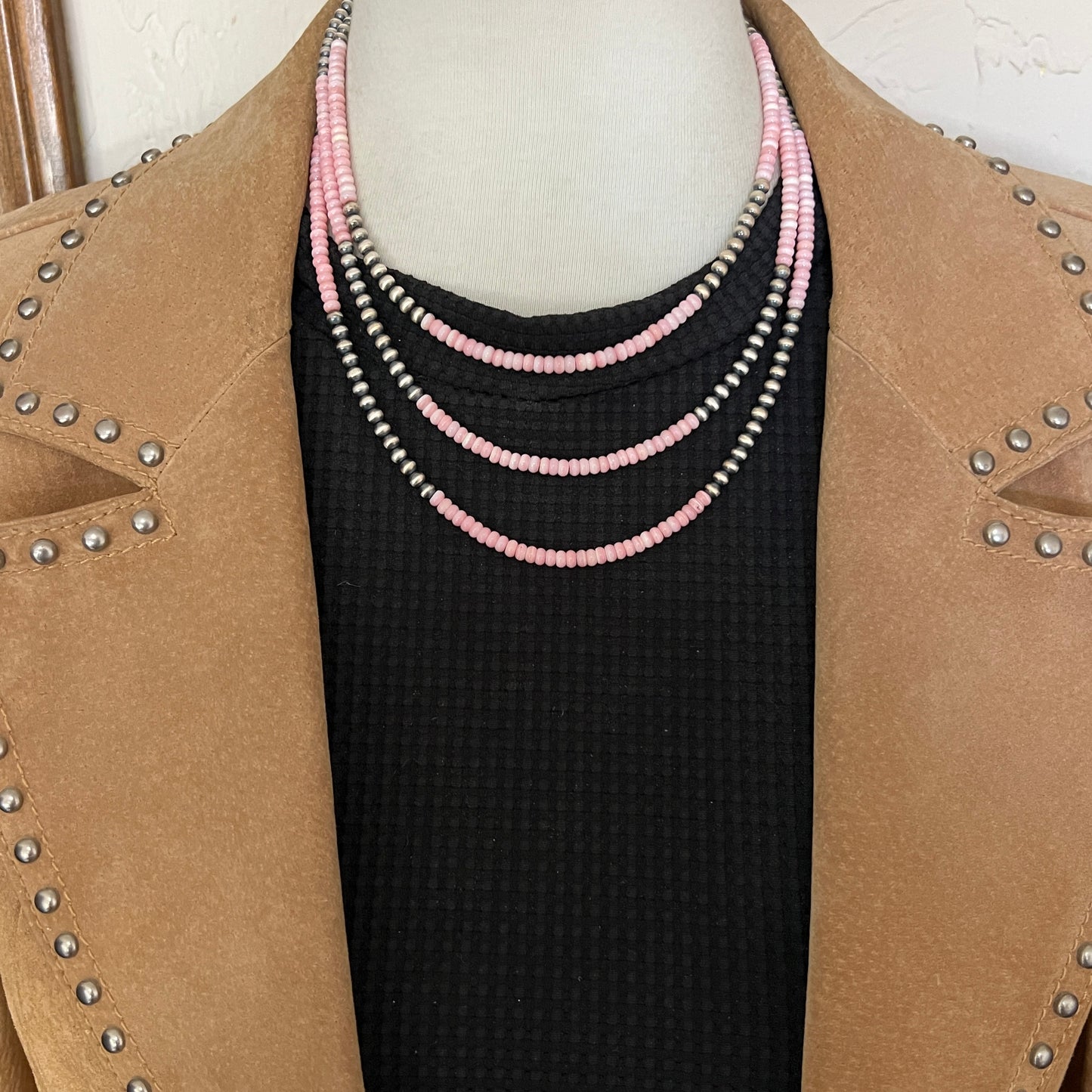 Real 925 sterling silver 4mm Pink Conch Necklace Oxidized Pearl Western BOHO Jewelry