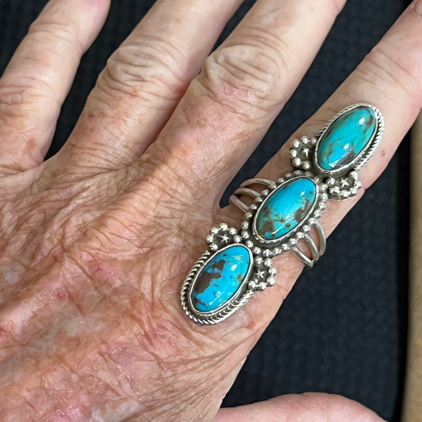 Size 10 Blue Campitos turquoise sterling silver long pointer ring Harold Becenti 492