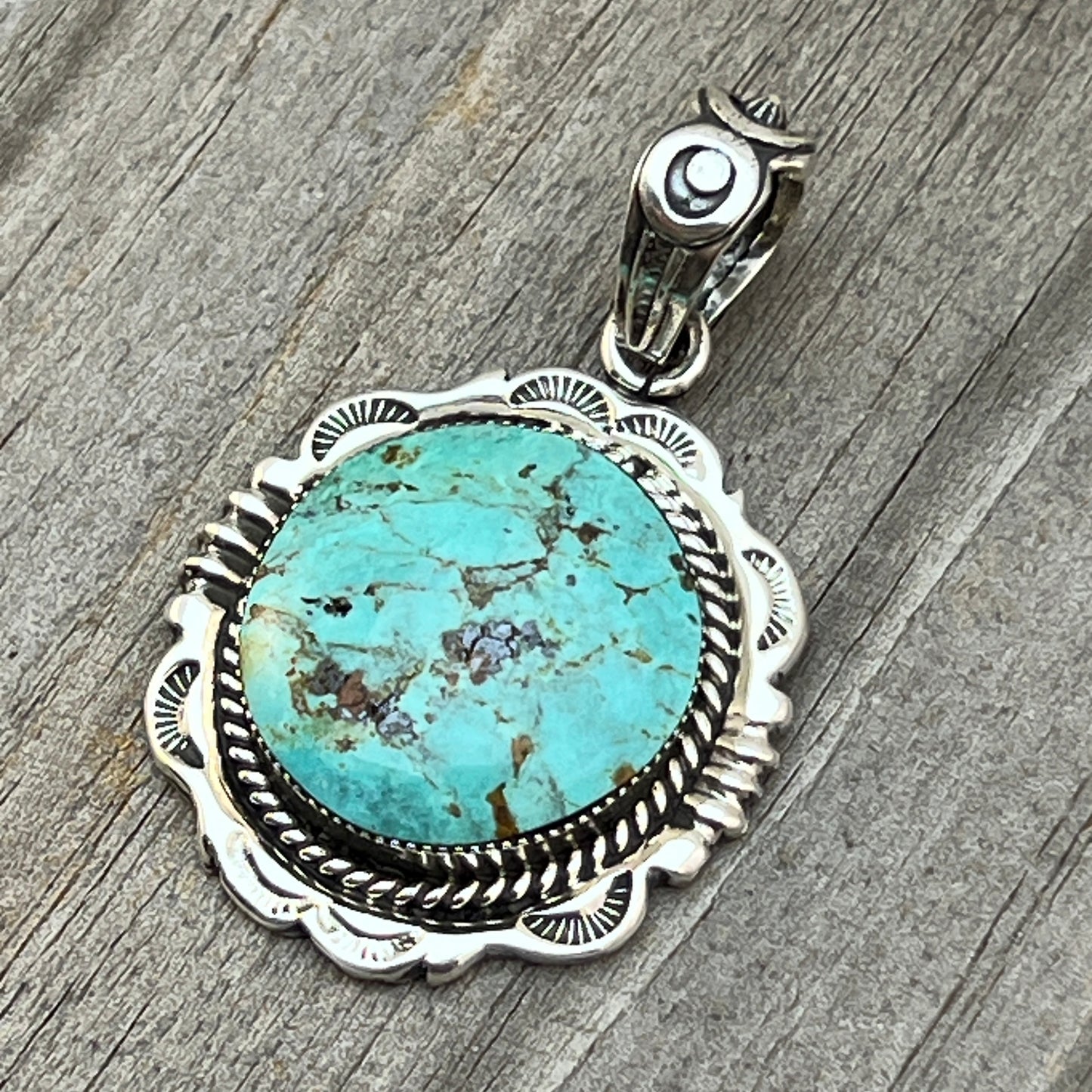 Kingman Turquoise Pendant Sterling silver Navajo handmade Jeremy Delgarito 765