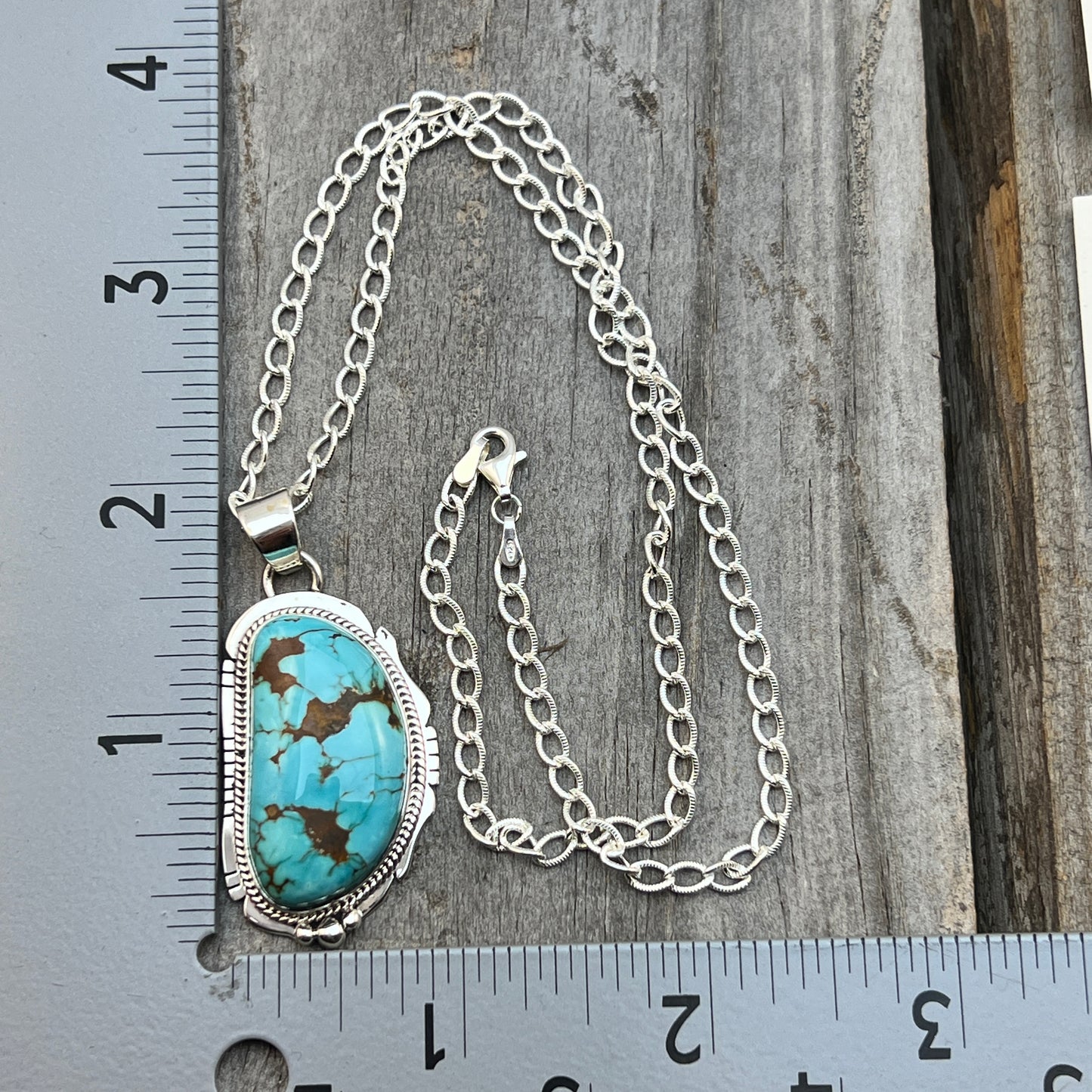 18" Sterling silver #8 Spiderweb turquoise necklace pendant Lucy Valencia Navajo 623