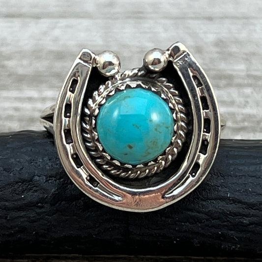 Size 7 1/2 Campitos Turquoise sterling silver horseshoe ring western equestrian jewelry Rodeo