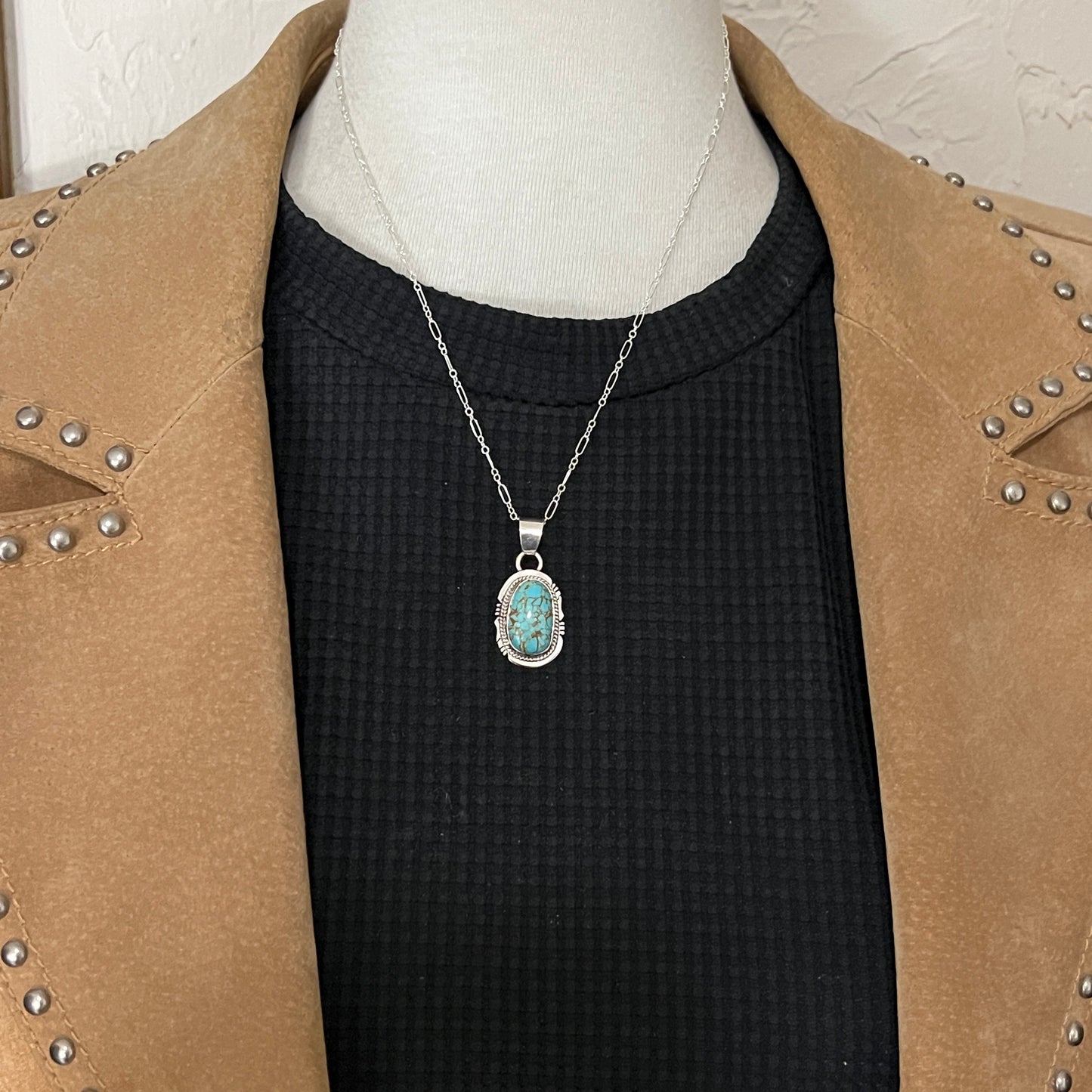 18" Sterling silver #8 Spiderweb turquoise necklace pendant Lucy Valencia Navajo 622