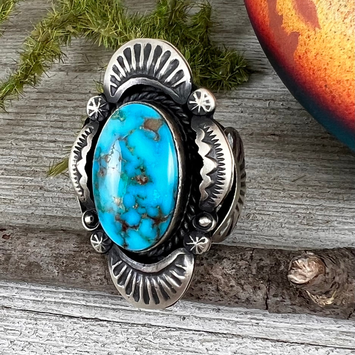 Size 8 / F  Beautiful High Grade, Blue, Kingman spiderweb Turquoise ring, Heavy handmade by Navajo artist, Gilbert Tom, signed,