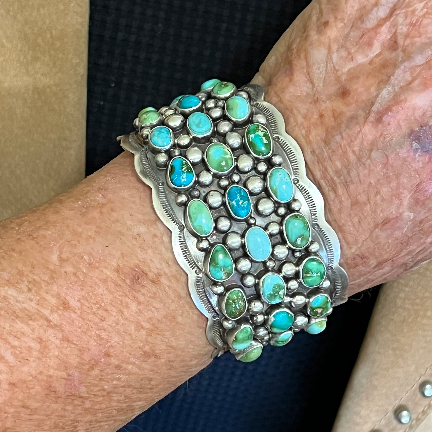 6 3/4" Green Blue Sonoran Turquoise Cuff Bracelet Sterling Silver Tom Lewis 512