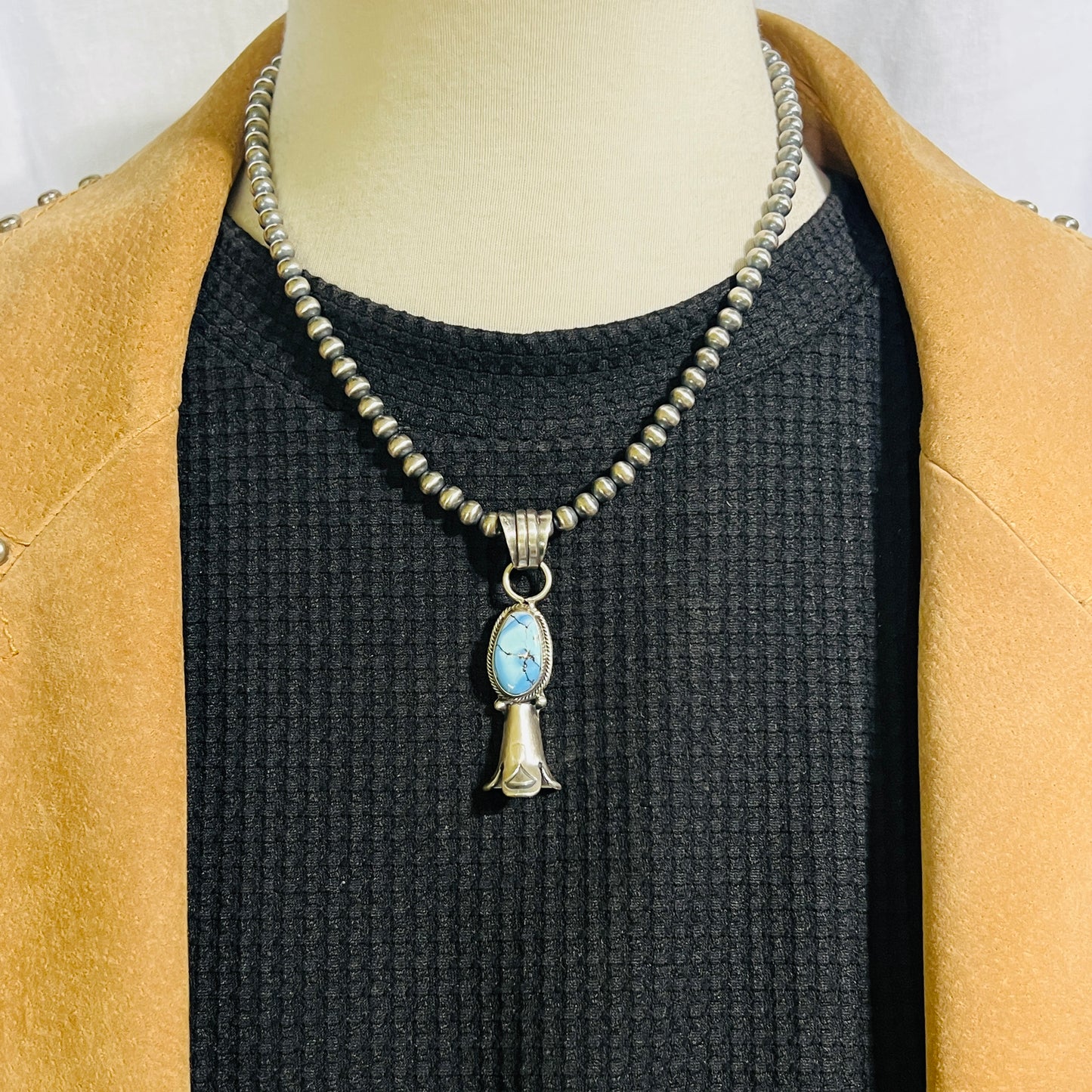16" Golden Hills Turquoise Squash Blossom Necklace Sharon McCarthy Sterling silver NK5