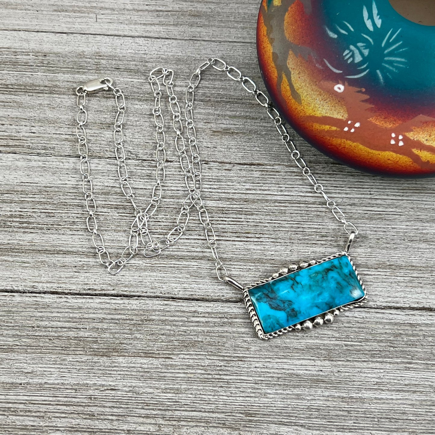 22" Blue Smokey Kingman turquoise rectangle bar necklace, #1 Navajo handmade Gilbert Smith, sterling silver