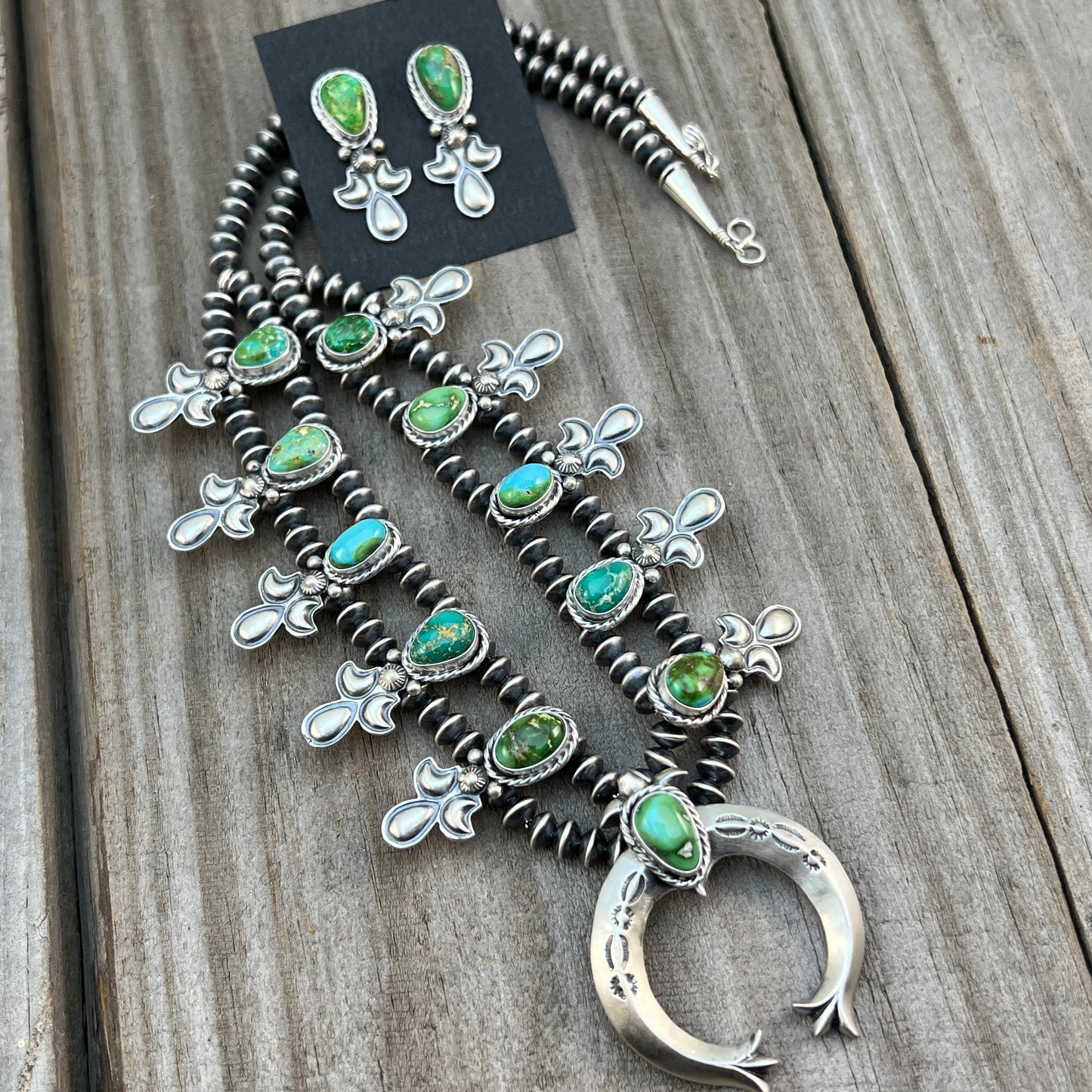 Sonoran Green Turquoise Small Squash Blossom Necklace Adrienne Gordon Navajo 516