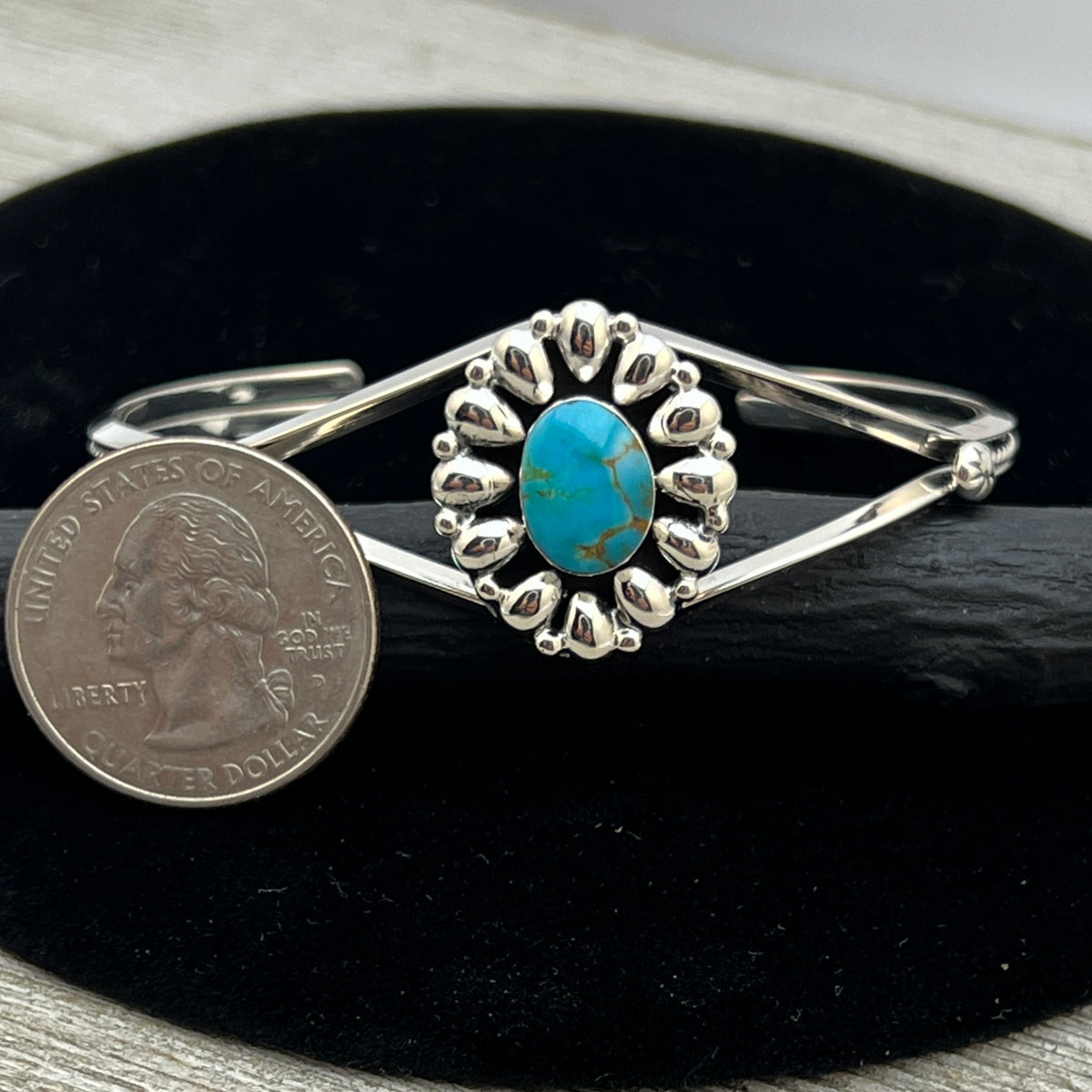 6 1/2" Stamped Navajo sterling silver turquoise cuff bracelet BR60