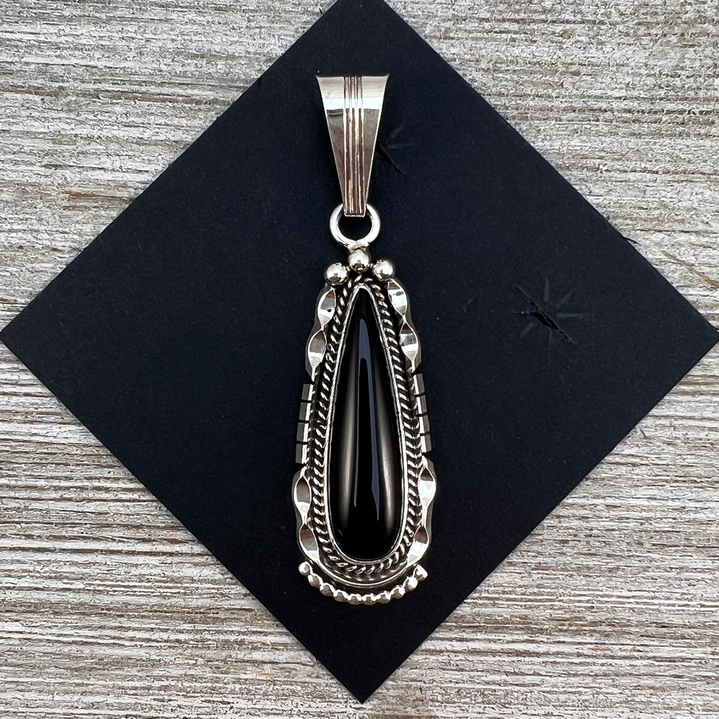 Black Onyx Skinny teardrop Pendant , Sterling silver, Navajo handmade Samuel Yellowhair