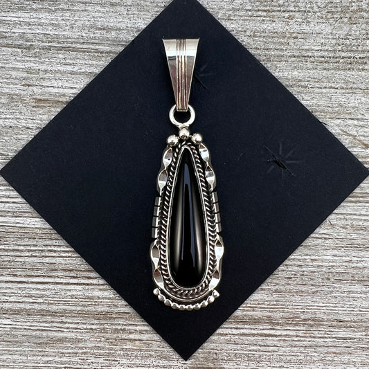 Black Onyx Skinny teardrop Pendant , Sterling silver, Navajo handmade Samuel Yellowhair