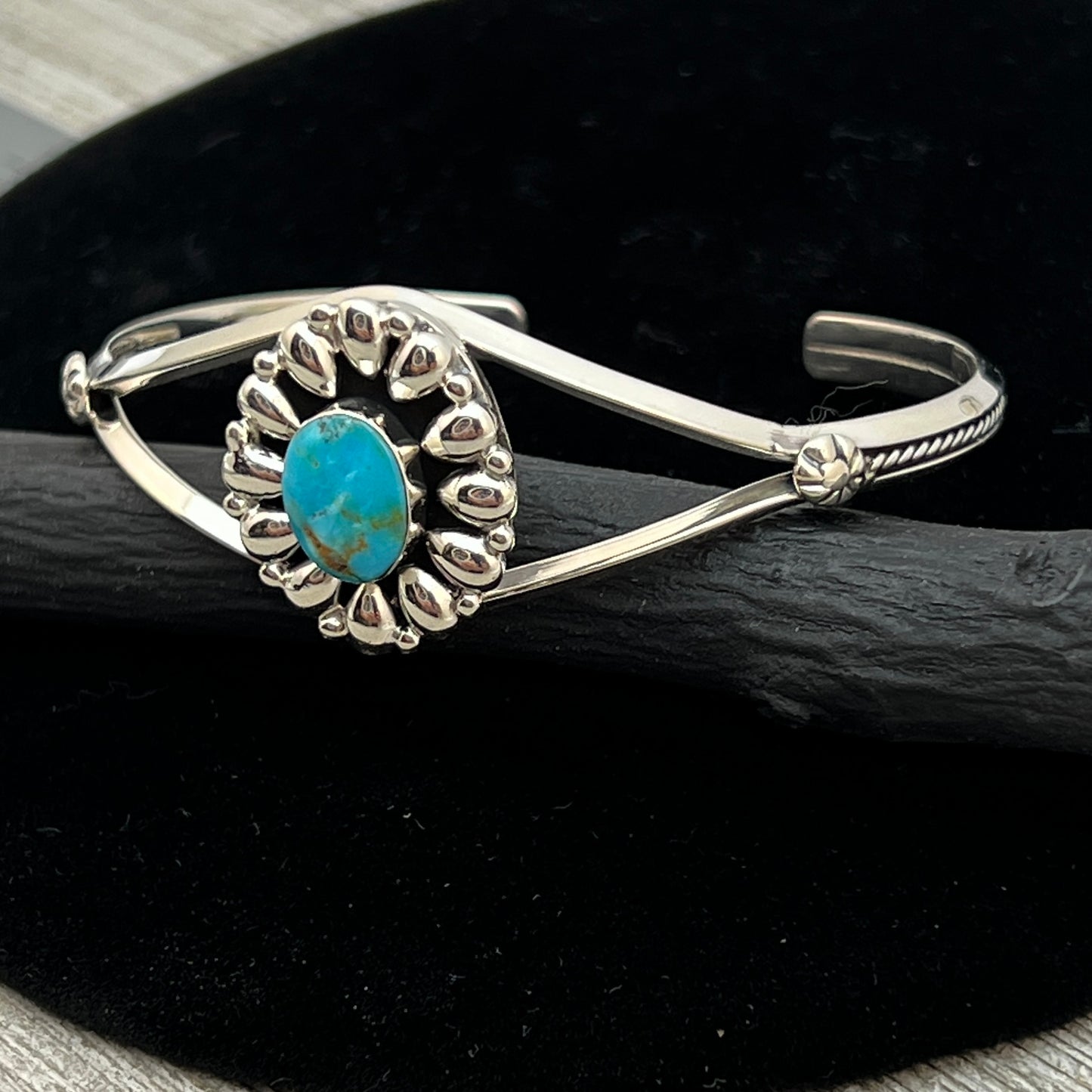 6 1/2" Stamped Navajo sterling silver turquoise cuff bracelet BR63