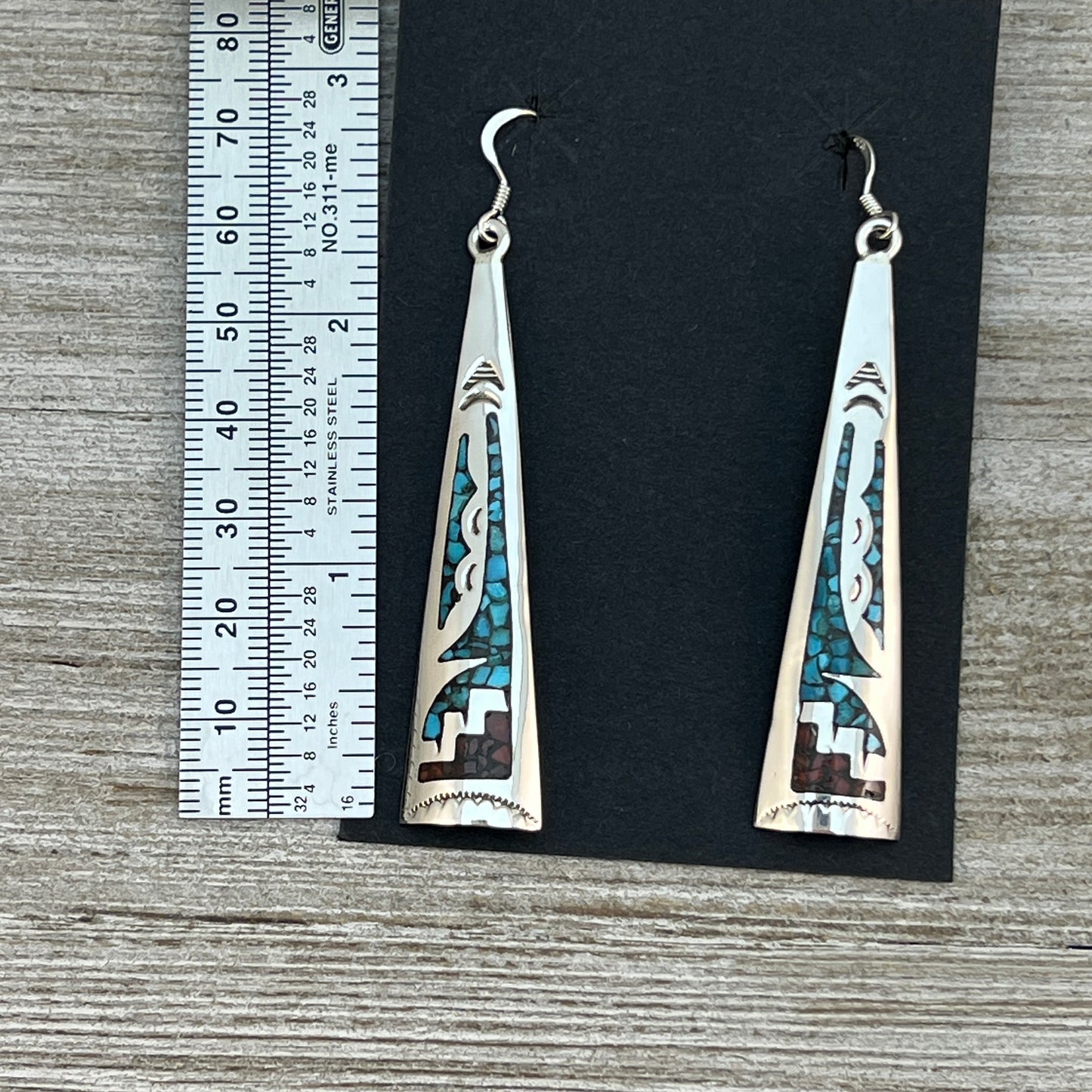 Turquoise coral chip inlay long earrings Navajo handmade signed Jolene Yazzie 2