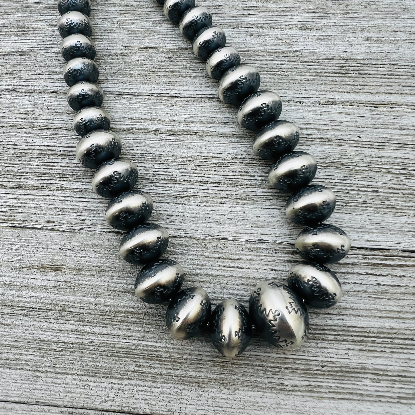 24" Sterling silver Handmade Navajo Pearl Graduated stamped bead necklace Bryannen Halwood signed
