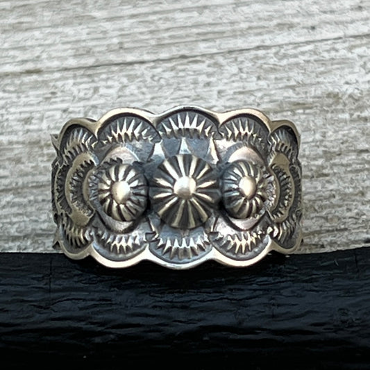 Sterling Silver Stamped Ring, small concho buttons, band by Navajo artist, BENNY RAMONE