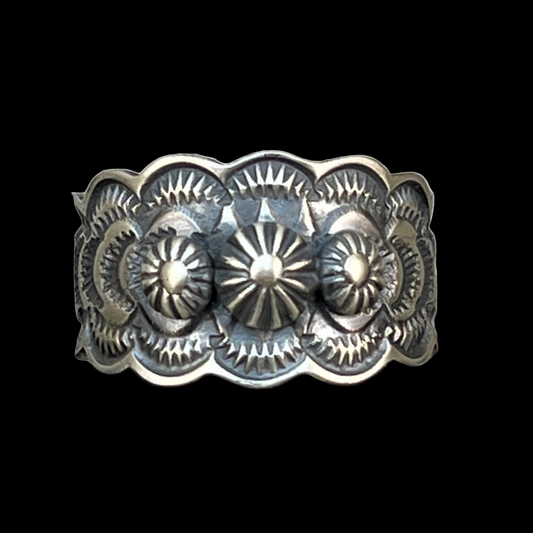Sterling Silver Stamped Ring, small concho buttons, band by Navajo artist, BENNY RAMONE