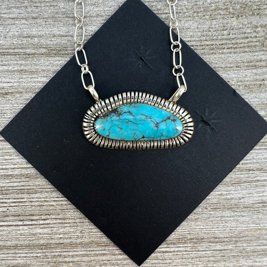 21" Blue Kingman turquoise bar necklace #4, Navajo handmade Charlene Yazzie, sterling silver