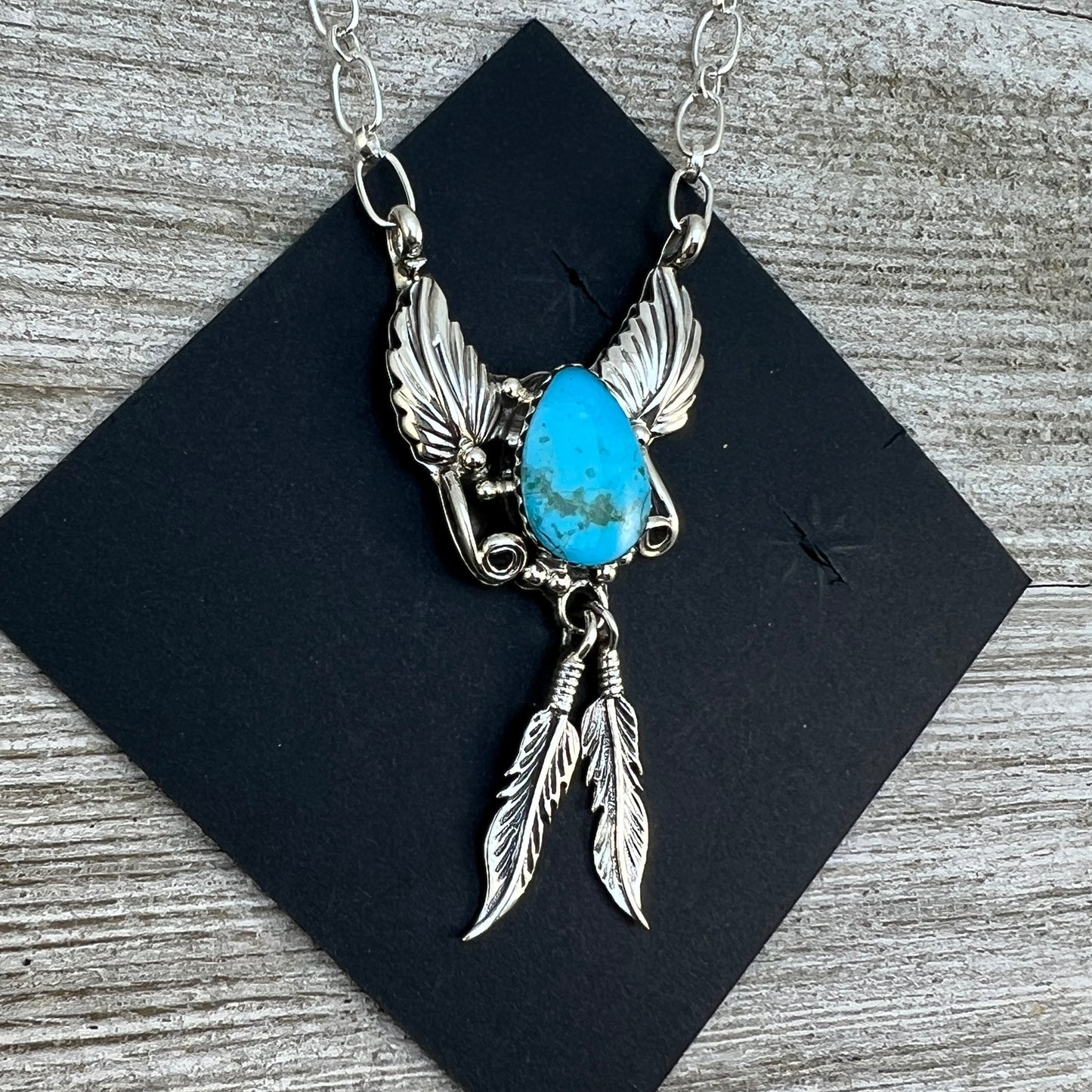 18" Blue Kingman turquoise feather necklace #1, sterling silver, Navajo handmade by Sadie Jim