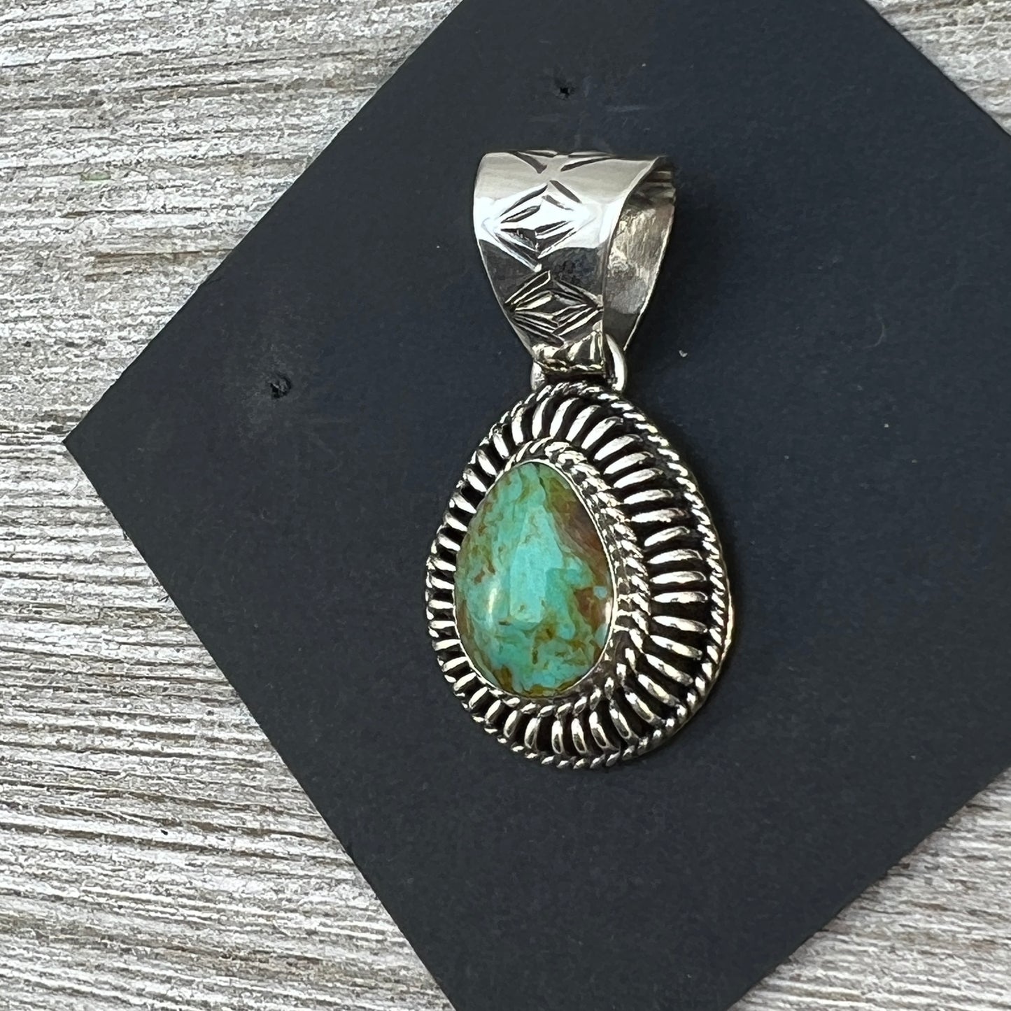 Kingman teardrop turquoise pendant #4, Navajo handmade Phyllis Smith, signed sterling silver