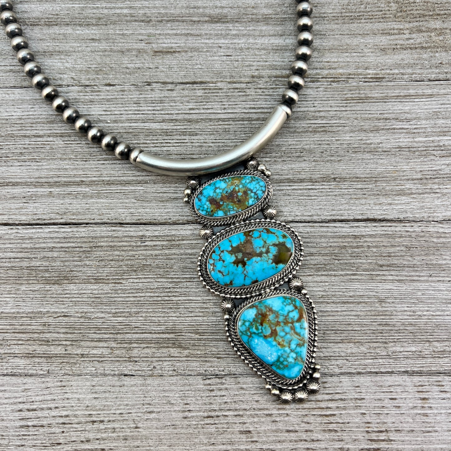 Kingman Turquoise 18" necklace #2, 6mm Sterling silver oxidized beads, Southwest pearls, Navajo, TOM LEWIS