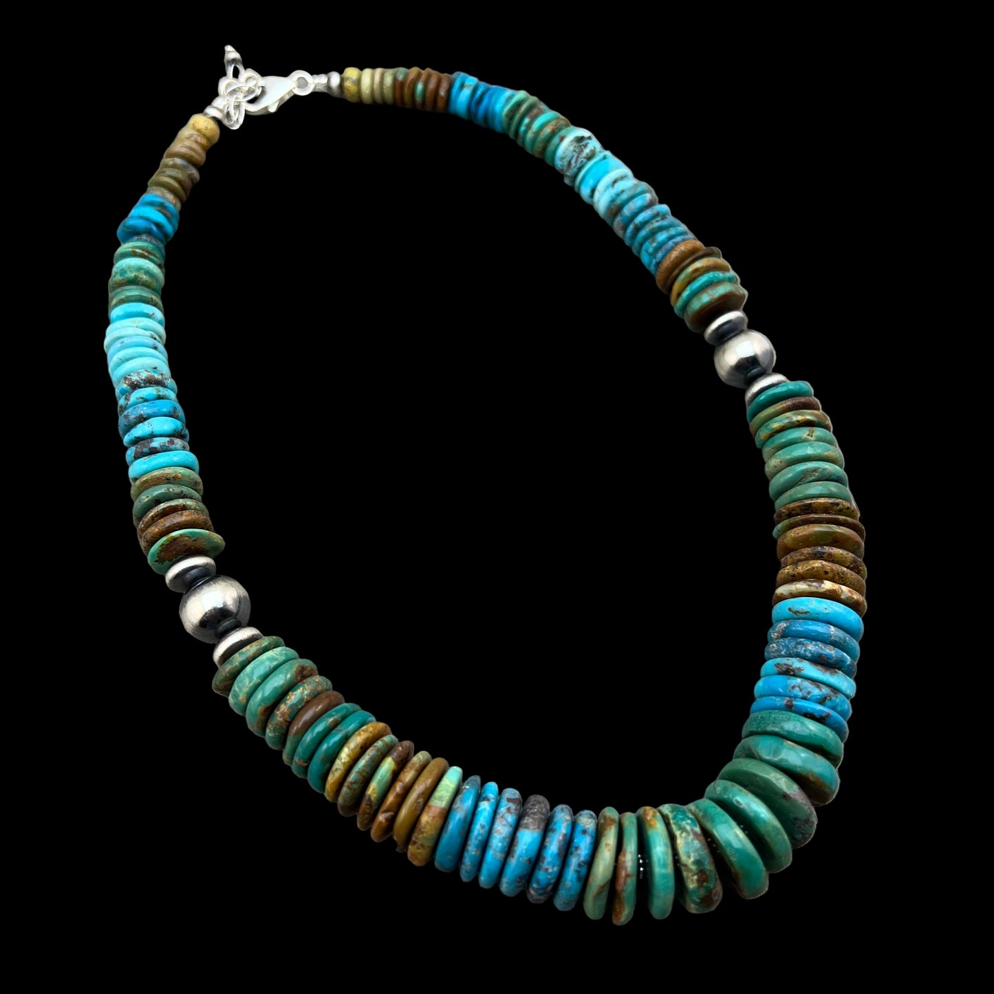 19 1/2" Turquoise Disc Necklace Choker Sterling Silver Beads, boho choker 640