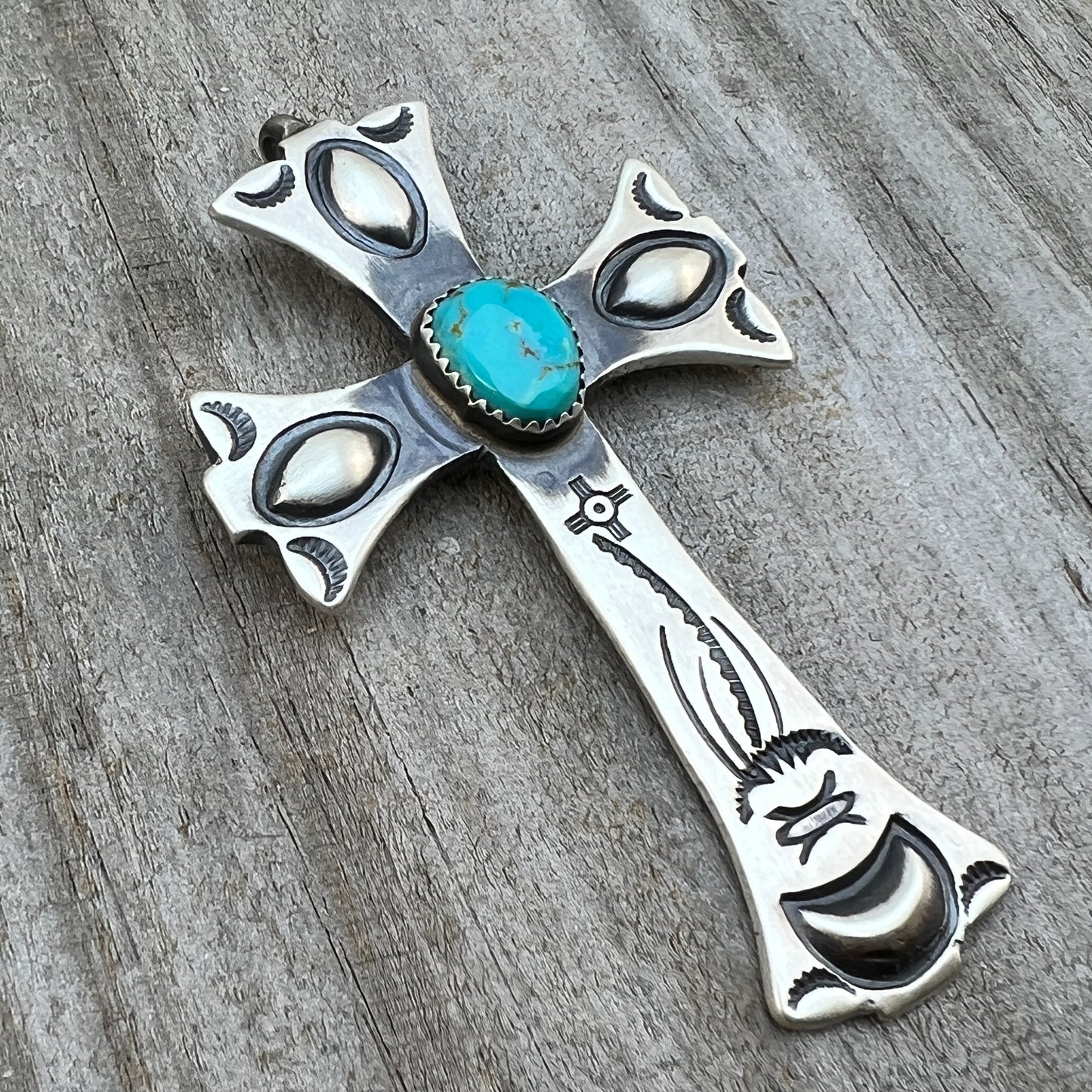 Turquoise Cross Pendant Sterling Silver Navajo handmade Martha Cayatineto 631