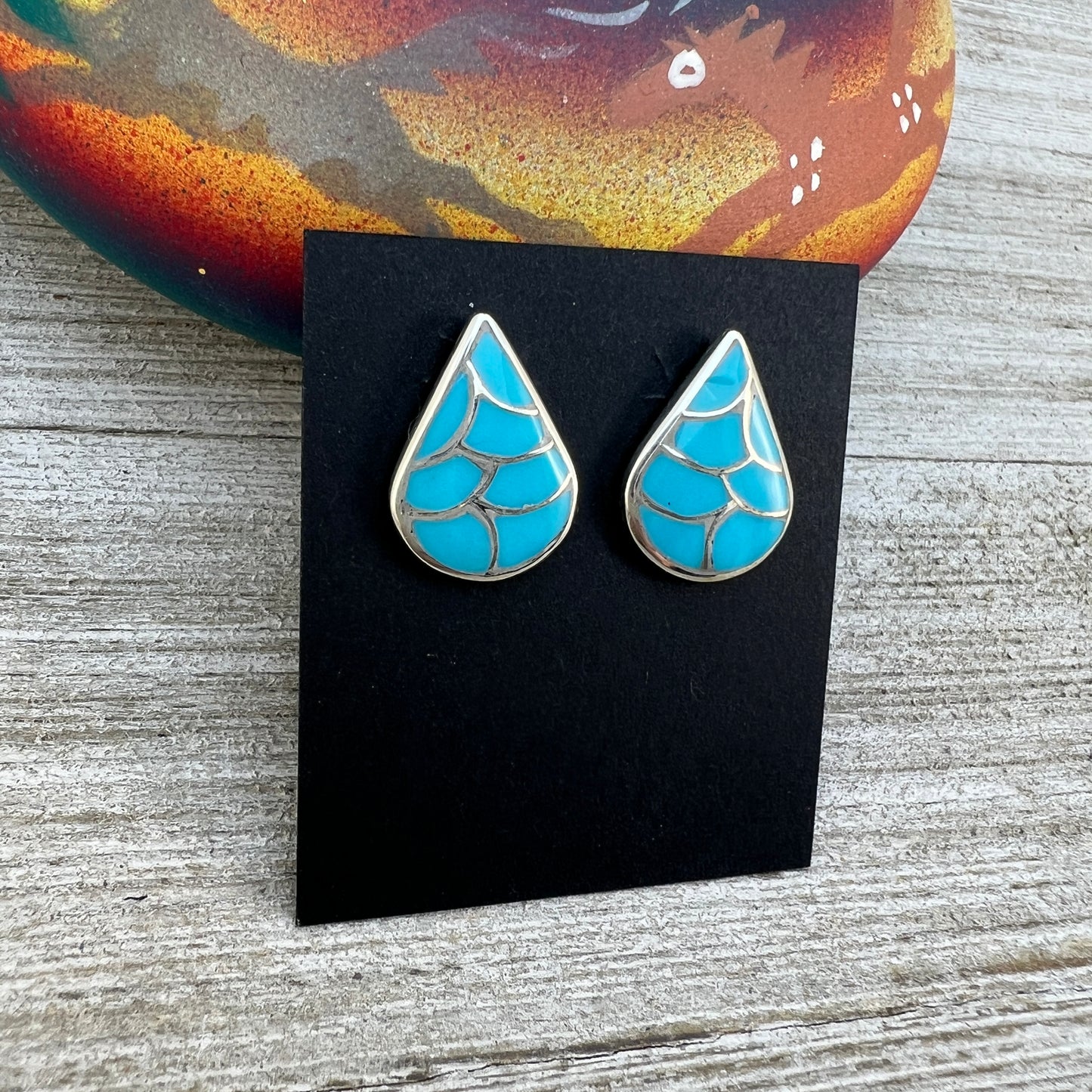 Zuni inlay turquoise fish scale design, teardrop stud small earrings, sterling silver, Orena Leekya