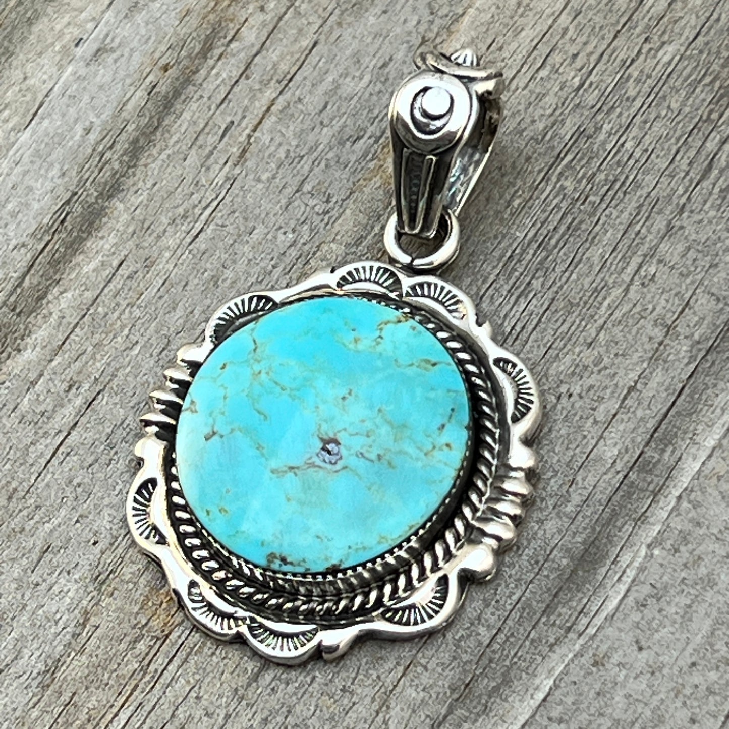 Kingman Turquoise Pendant Sterling silver Navajo handmade Jeremy Delgarito 761