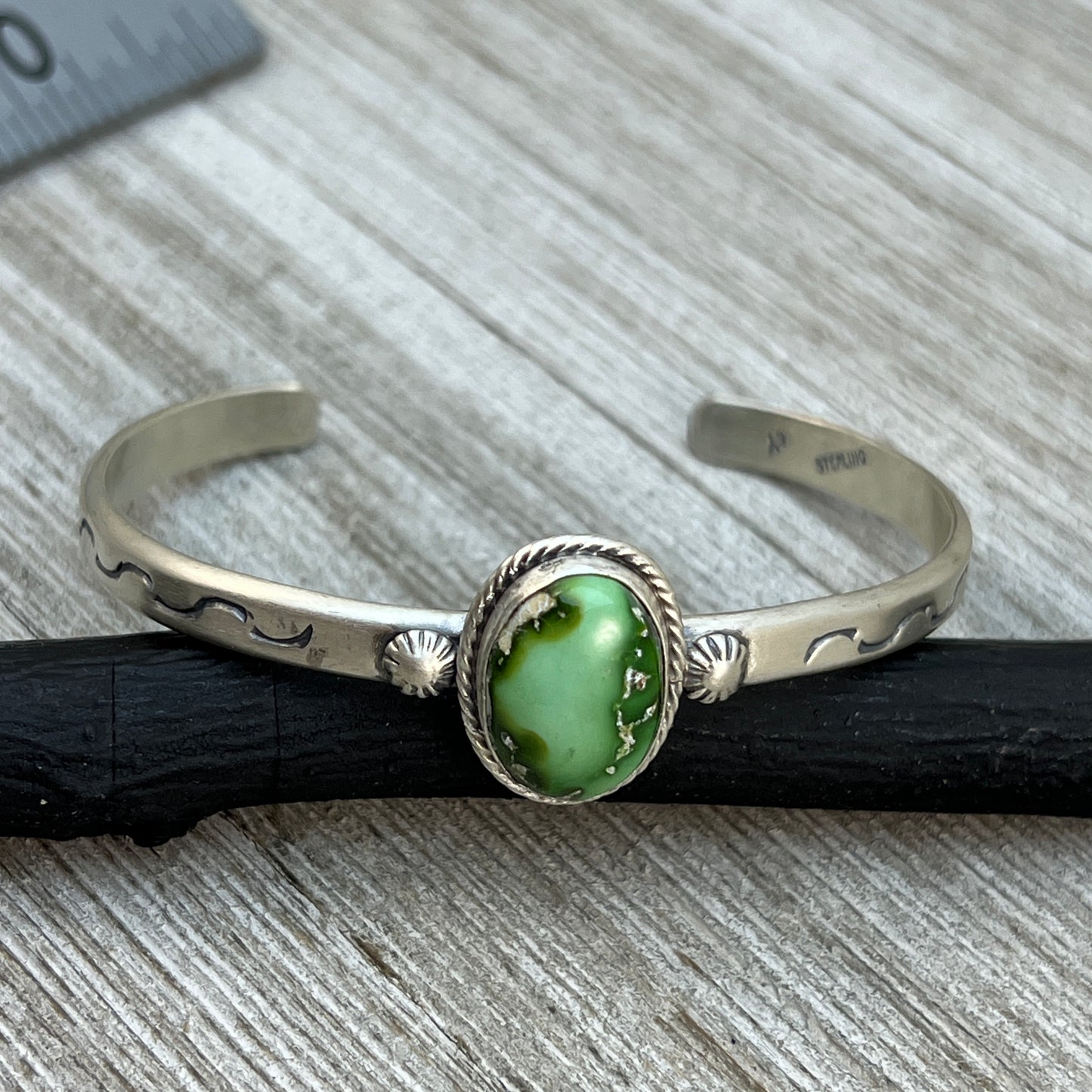 6.75" Green Sonoran Gold turquoise Cuff Bracelet, Sterling Silver Navajo Samuel Yellowhair