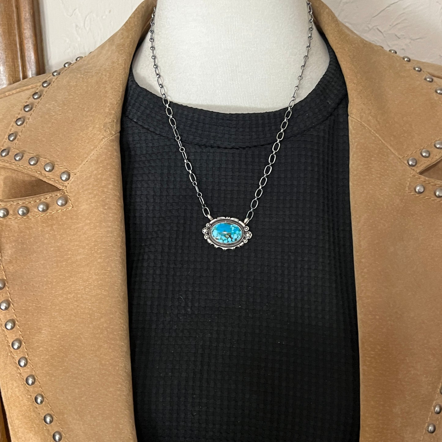 18" Blue Kingman Turquoise Necklace Sterling silver Navajo Daniel Benally 584