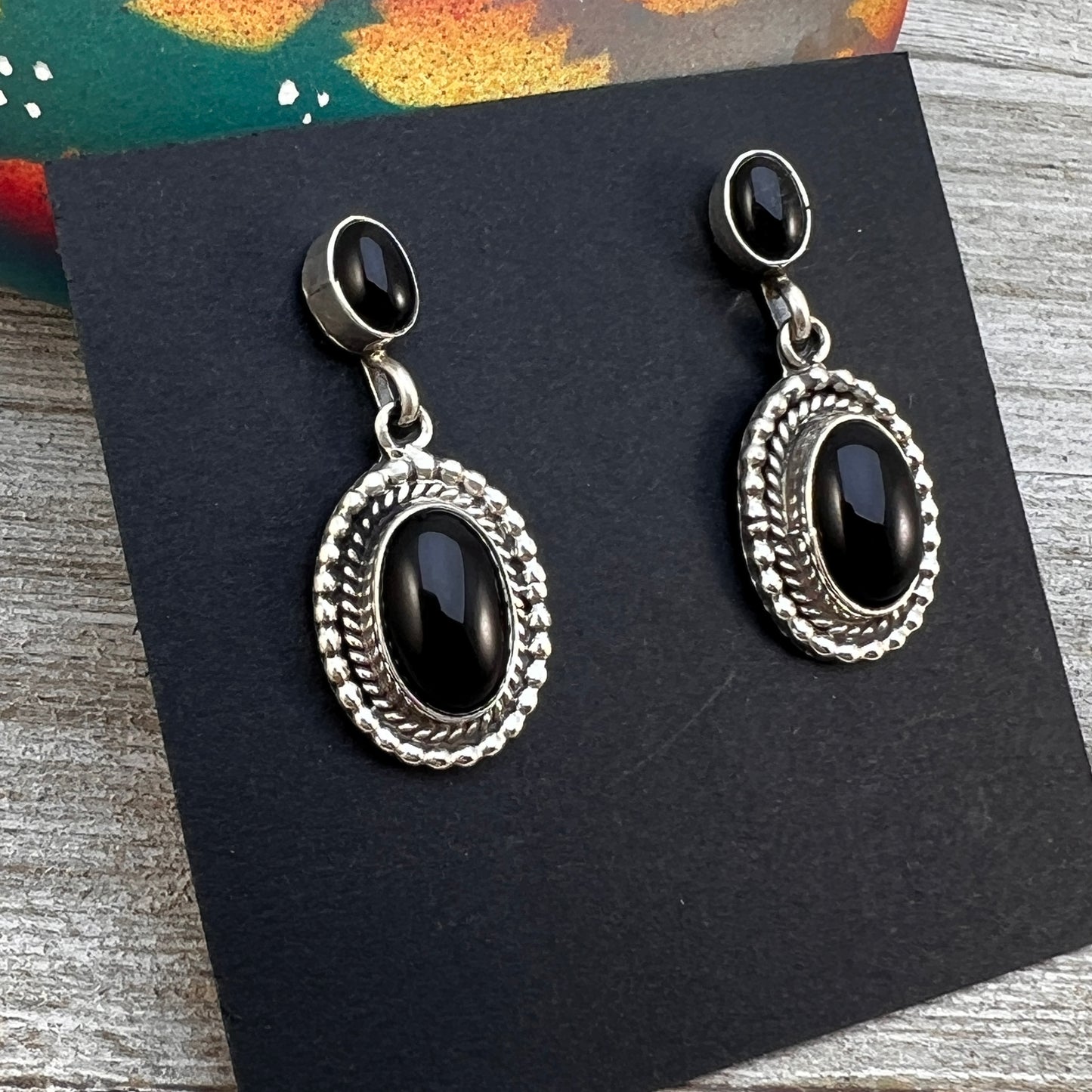 Modern Black Onyx post drop earrings, sterling silver Navajo, Verley Betone