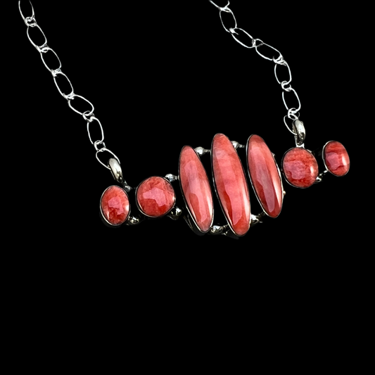 18" Spiny Oyster 7 stone Necklace Sterling Silver Navajo handmade Kimberly Yazzie 3
