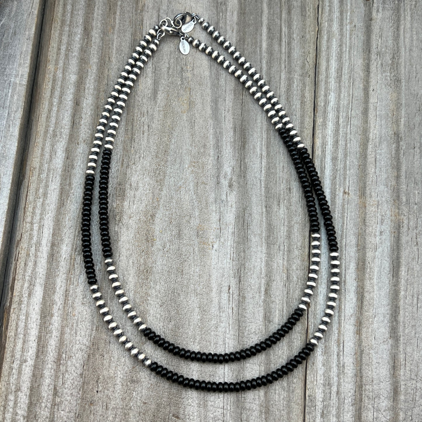 Real 925 sterling silver 4mm Black Onyx Necklace Oxidized Pearl BOHO Western Jewelry