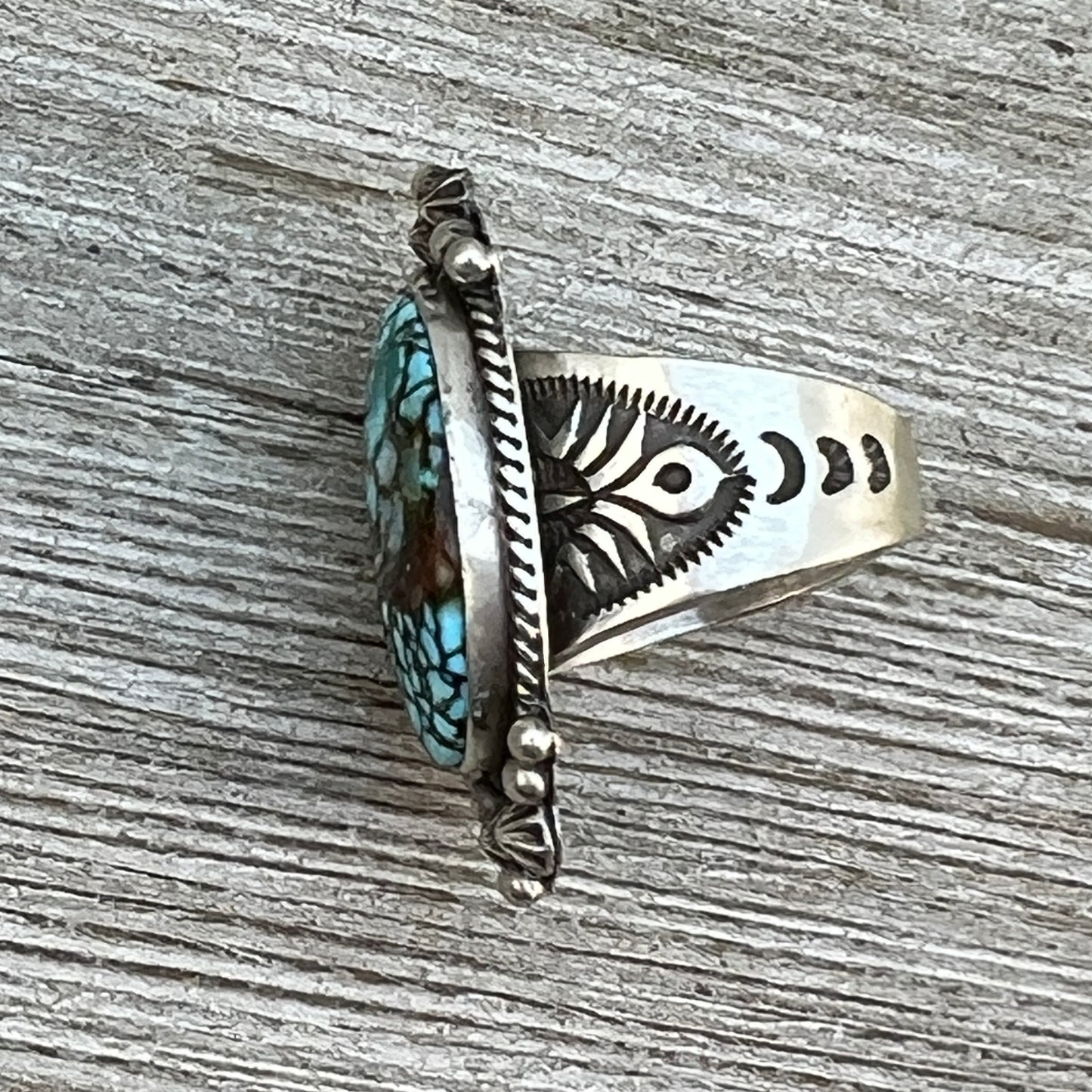 Size 8.5 Spiderweb Kingman Turquoise Ring Navajo handmade Samuel Yellowhair