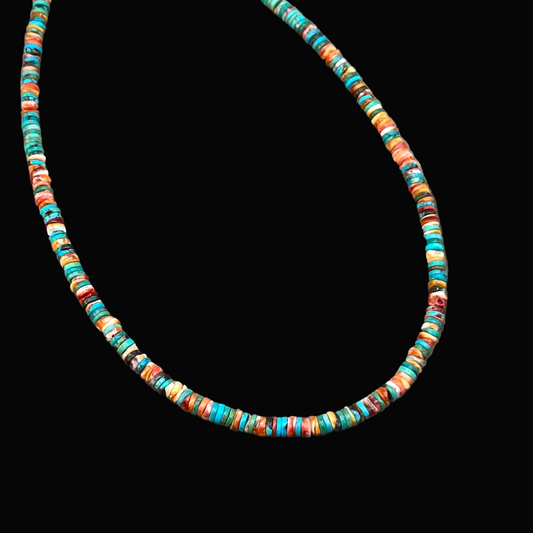 16" turquoise red orange spiny shell heishi bead necklace choker Doreen Jake Navajo 783