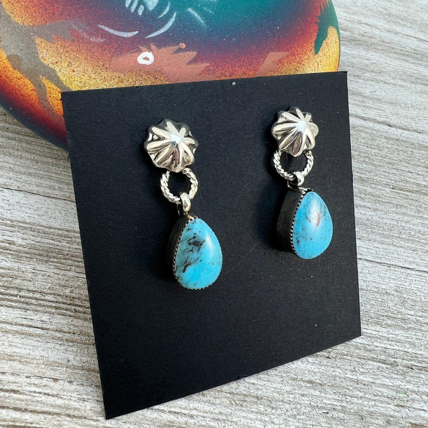 Turquoise teardrop dangle earrings #1 with small concho button post, sterling silver, Kingman Turquoise, Navajo handmade by Sheena Jack