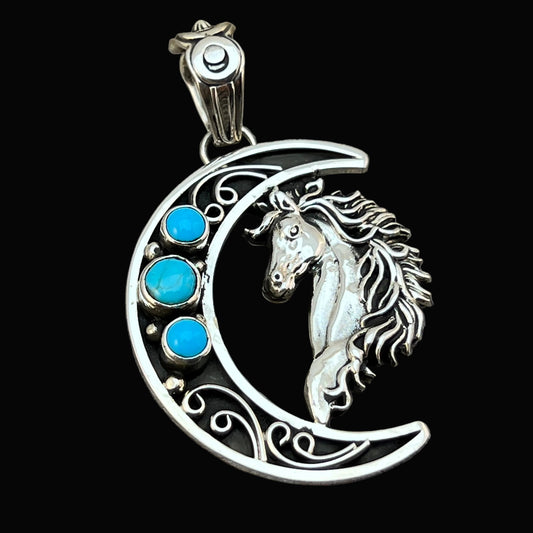 Blue turquoise horse moon pendant sterling silver Jennifer Cayaditto Navajo 820