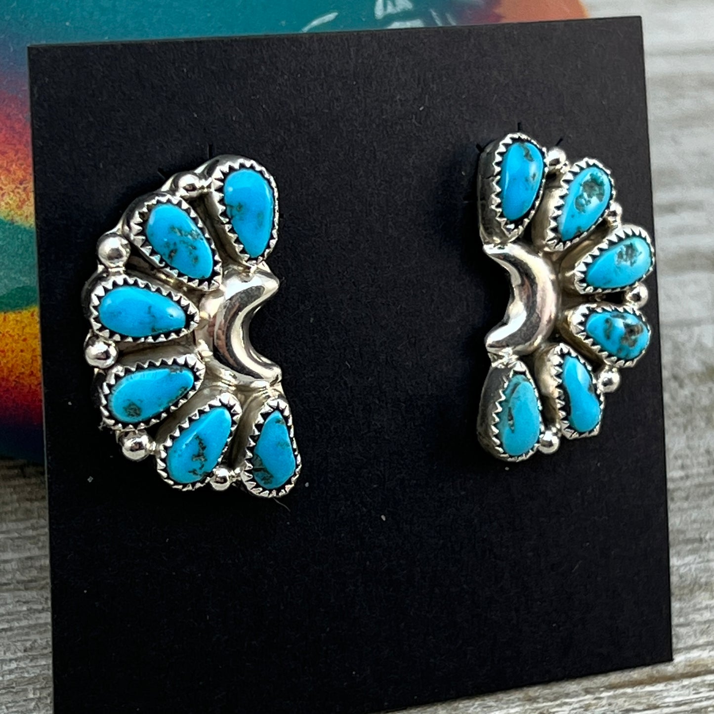 Blue Turquoise half cluster stud Earrings sterling silver Navajo handmade Justina Wilson