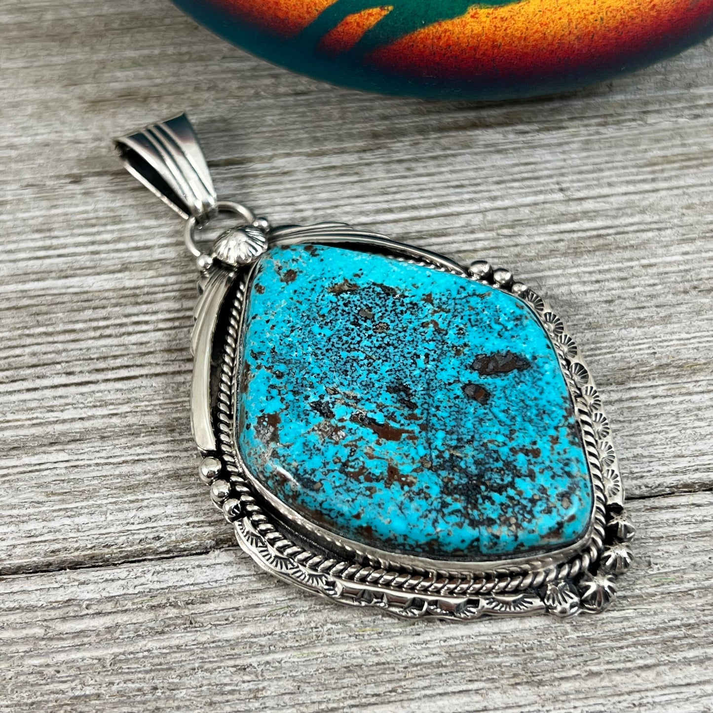 XL extra large, Blue Kingman turquoise pendant #3, Navajo handmade Rita Long, sterling silver, signed