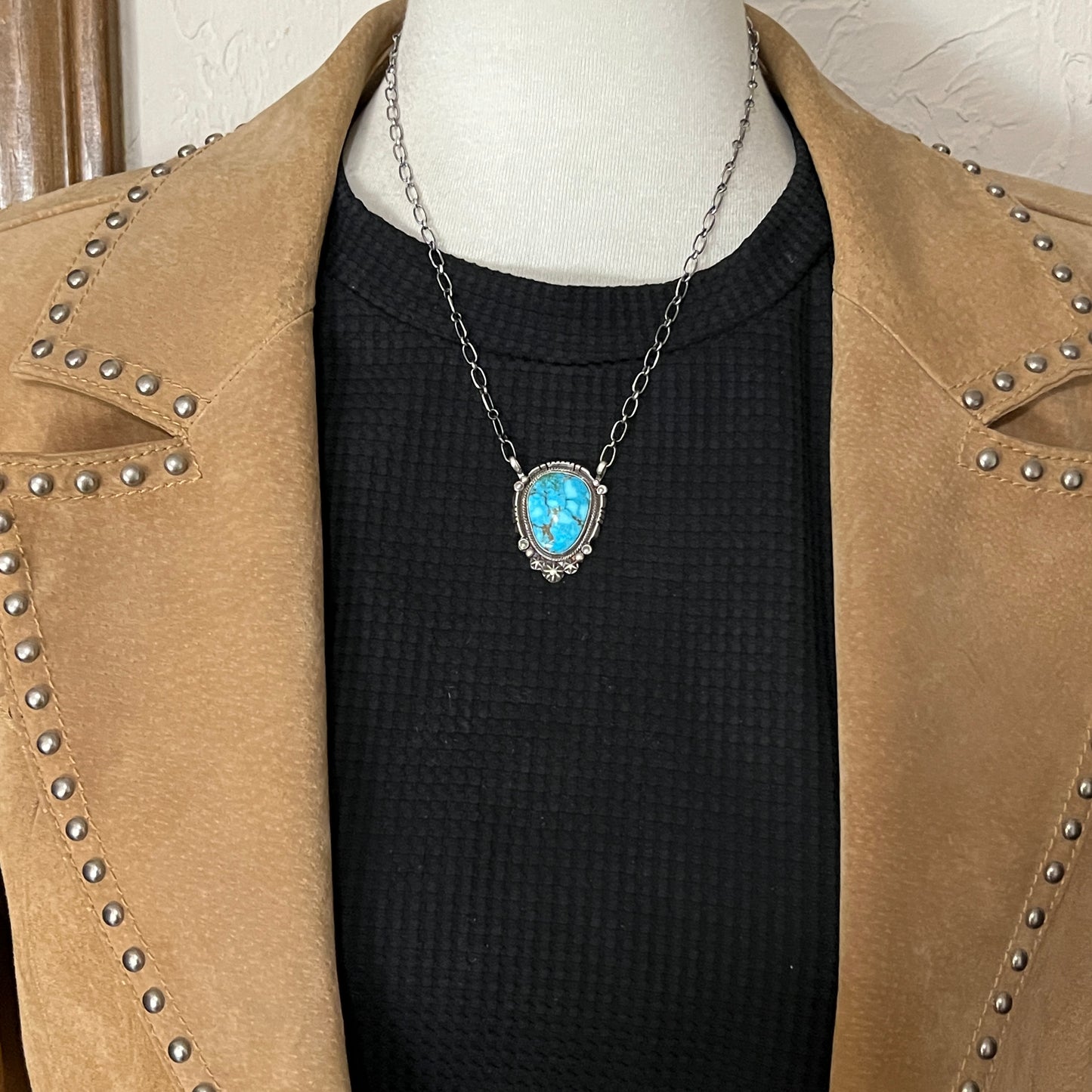 18" Kingman Spiderweb Turquoise Necklace Sterling silver Navajo Daniel Benally 602