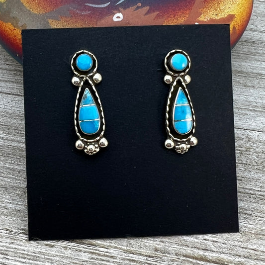 Sterling silver turquoise inlay teardrop stud earring #1, simple design Carina Leekity