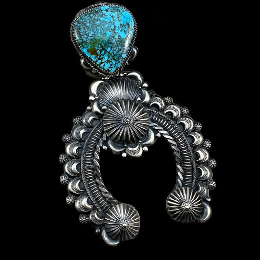 Outstanding High Grade Kingman spiderweb turquoise Naja Pendant, sterling silver,  Navajo handmade, Delbert Gordon, signed