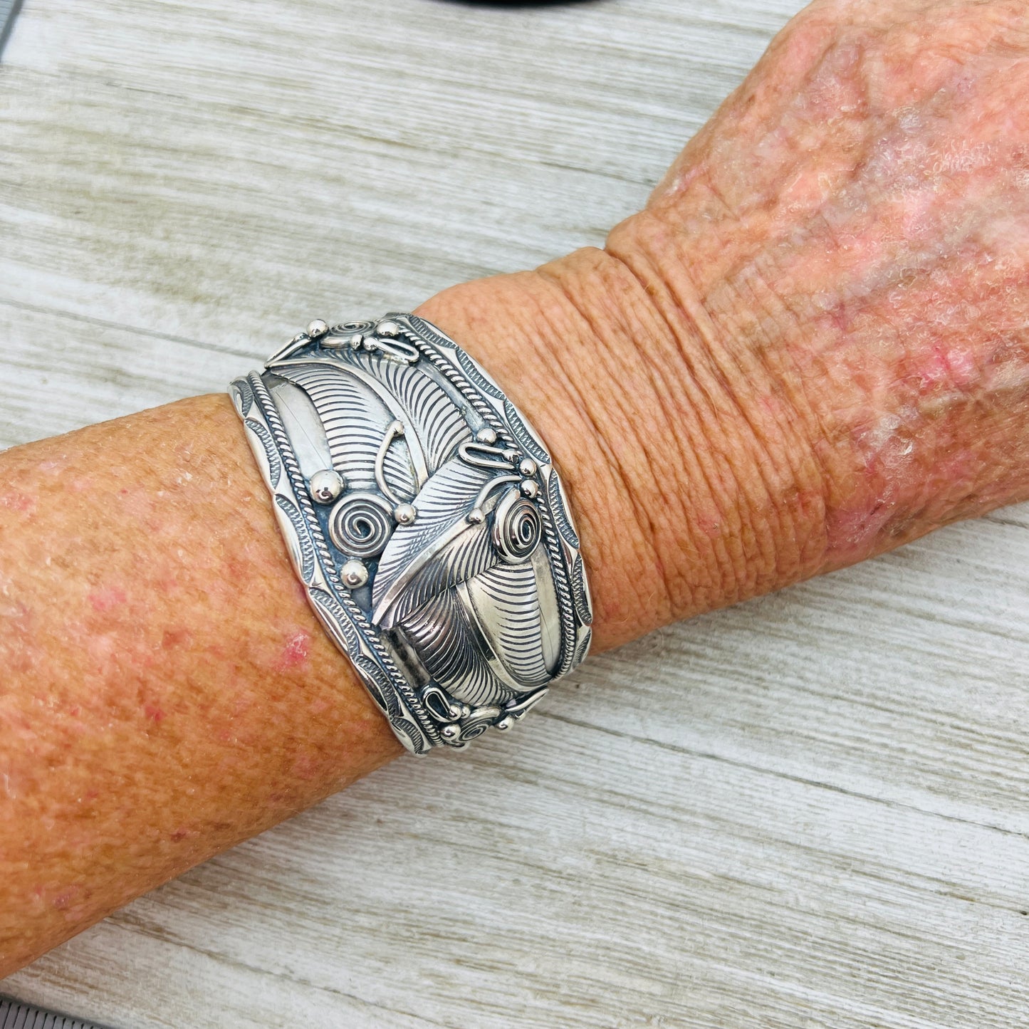 7" all silver floral Cuff Bracelet Navajo Darrell Morgan signed western floral design BR78