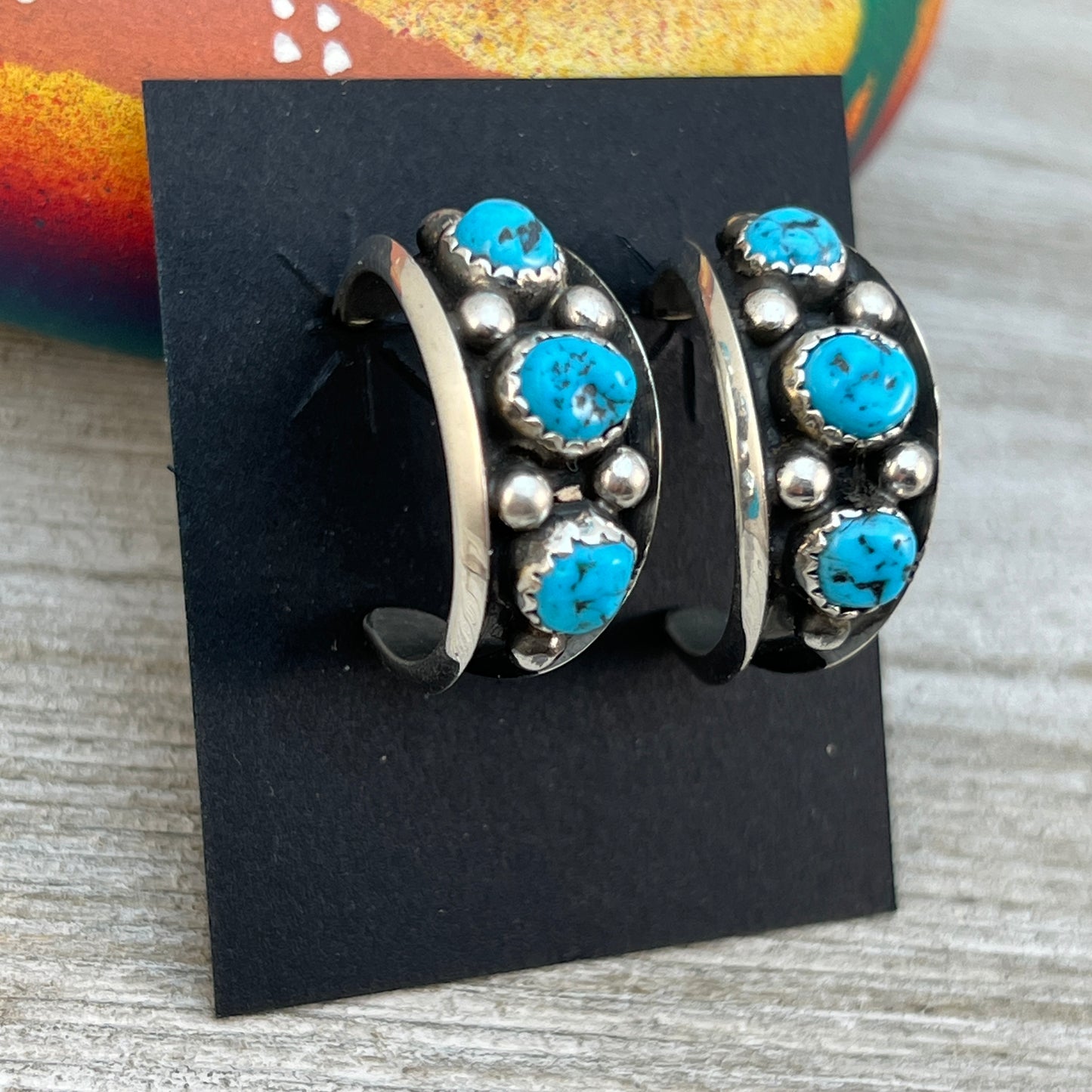 7/8" Turquoise Hoop Earrings Navajo handmade by Paul Largo sterling silver 2
