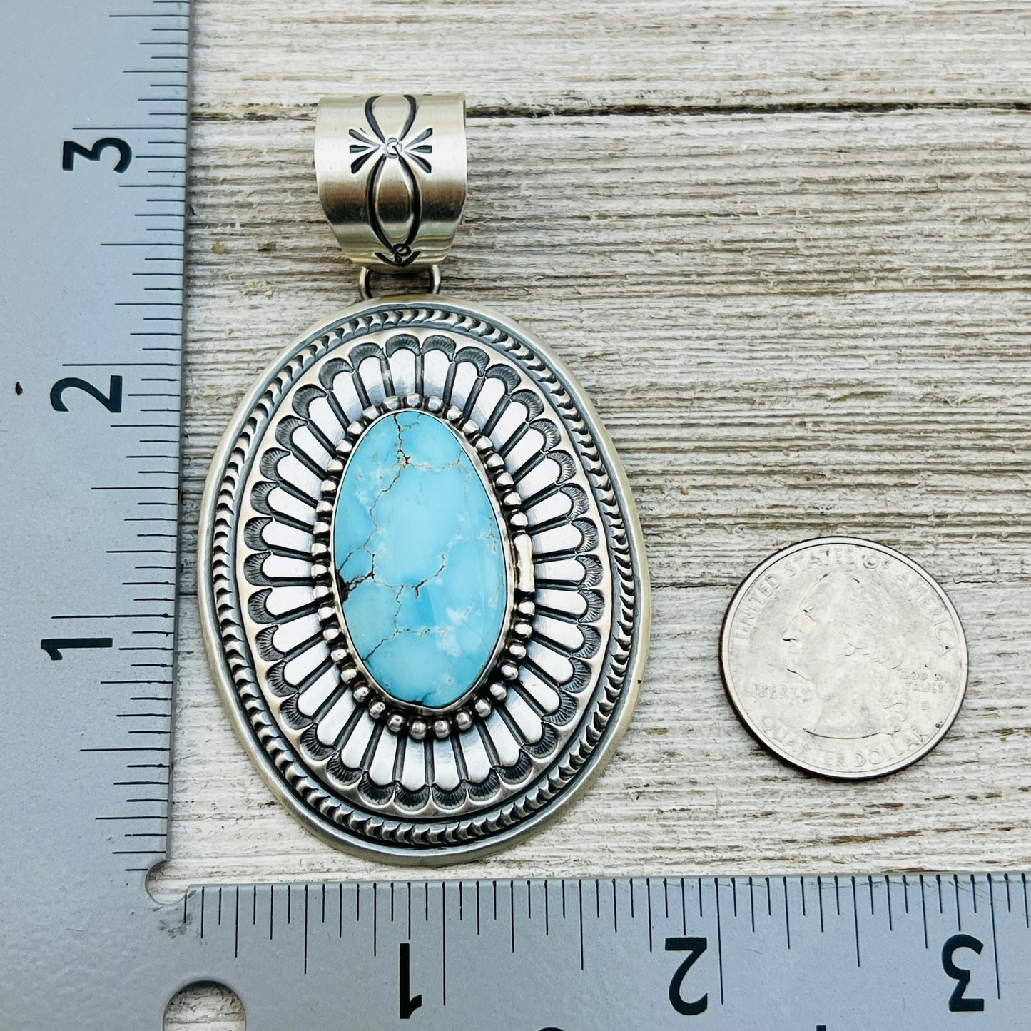 Natural Egyptian Light Blue Turquoise Stamped concho pendant Arnold Blackgoat Sterling silver