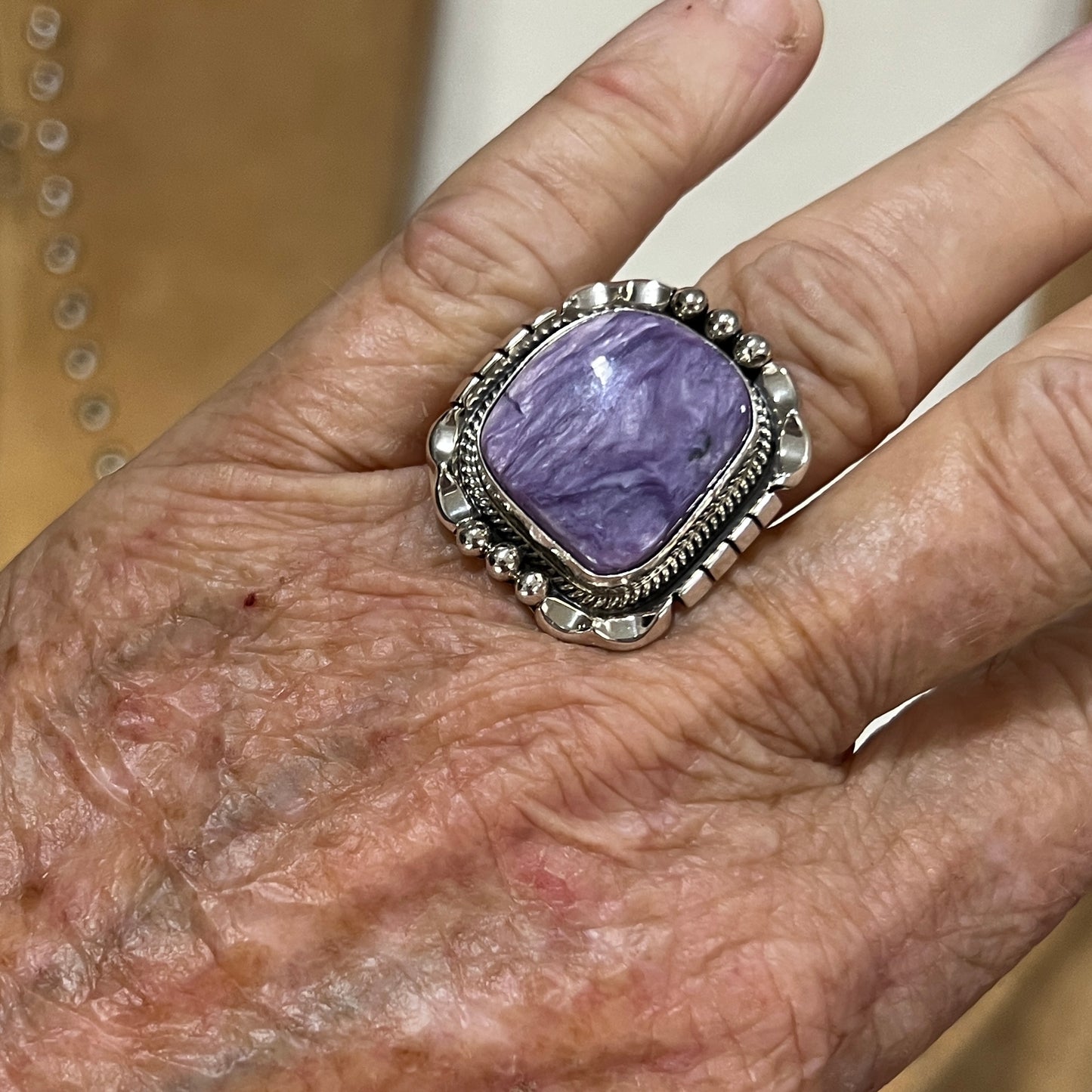 Size 8 Charoite sterling silver handmade ring #1, Navajo Samuel Yellowhair