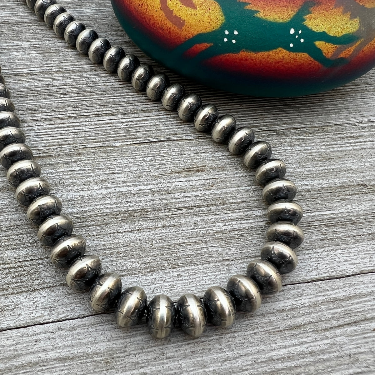 26" Sterling silver Navajo handmade stamped 9mm oval bead Pearl necklace Halwood signed