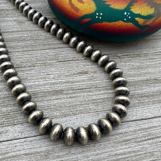 26" Sterling silver Navajo handmade stamped 9mm oval bead Pearl necklace Halwood signed